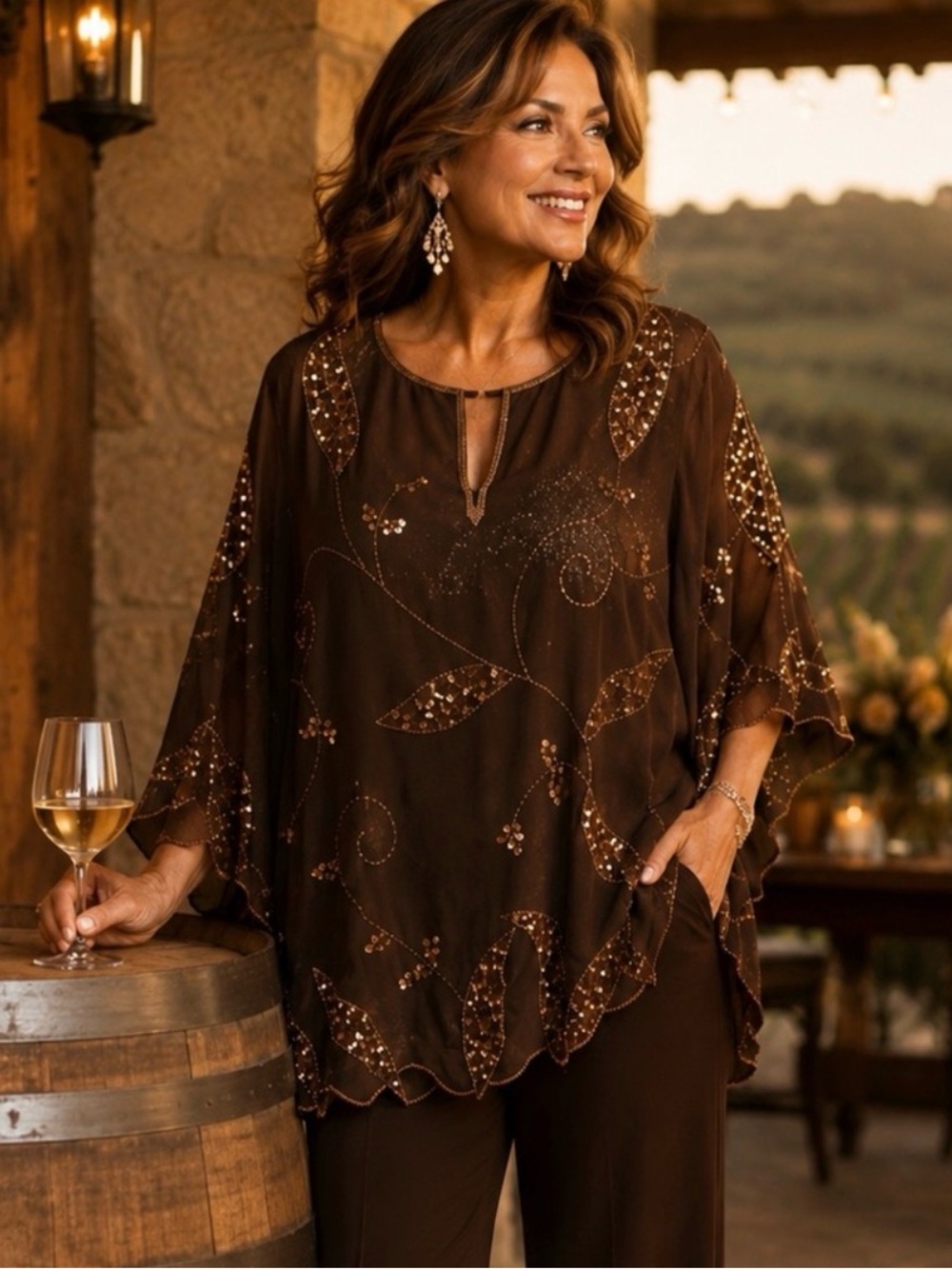 Original Anthony Bronze Gold Beaded Sequin Chiffon Tunic Blouse L